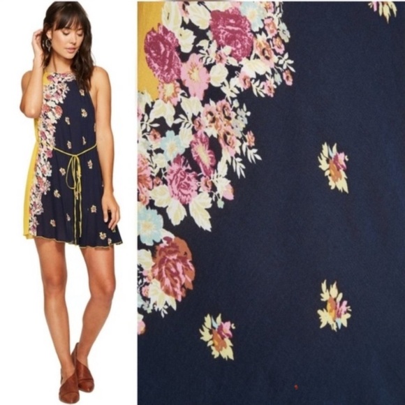 Free People Floral Navy and Mustard Mini Dress - Picture 3 of 9